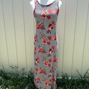 Discreet Black White & Red Stripped  Floral Maxi Dress